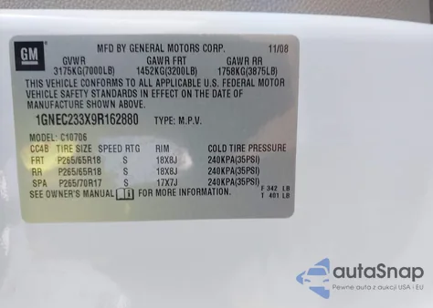 2009 Chevrolet Tahoe Lt2 z USA, uszkodzony, nr VIN 1GNEC233X9R162880